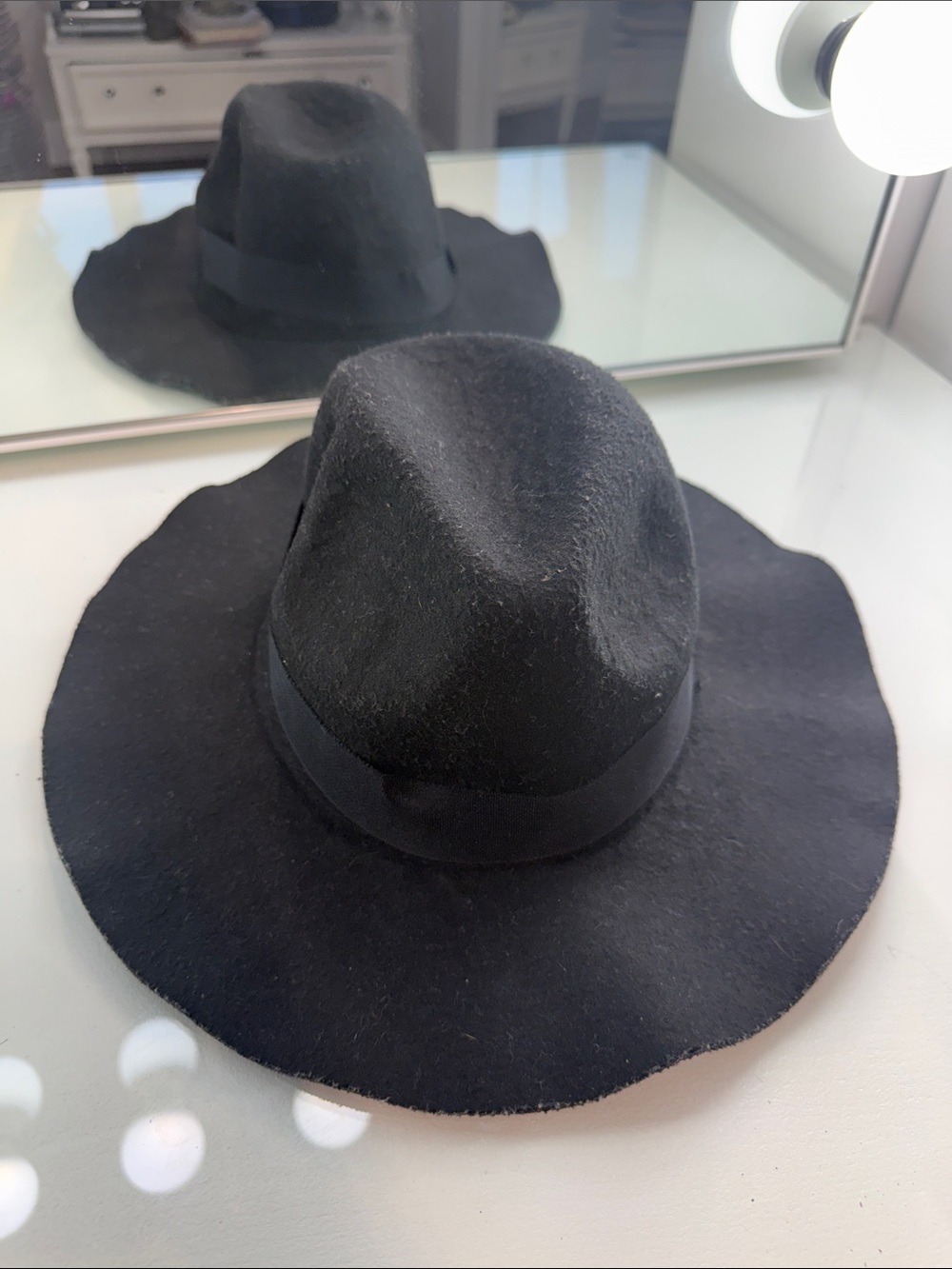 Black Felt Fedora Witchy Hat with Ribbon Band, Fall Winter